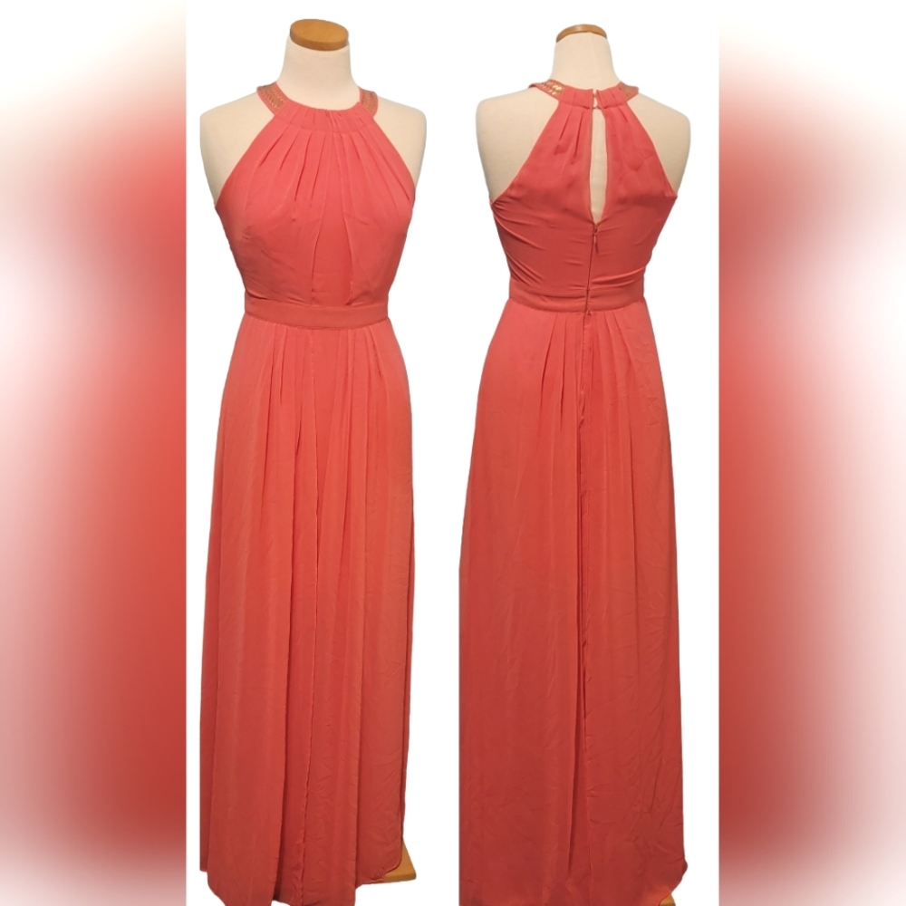 Calvin Klein Sheer Halter Coral Gold Accent Back Keyhole Zipper Maxi Dress